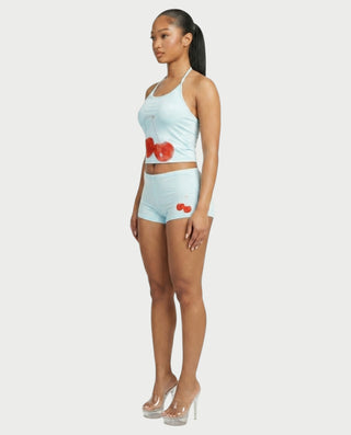 Sazha Cherry Halter Crop Top & Low-Rise Shorts Set