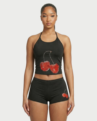 Sazha Cherry Halter Crop Top & Low-Rise Shorts Set