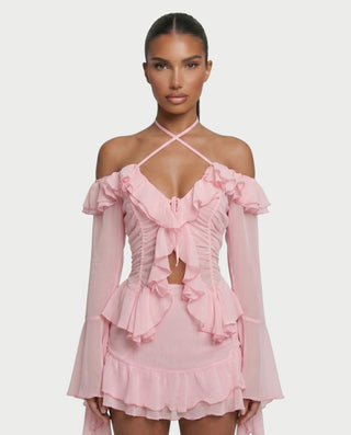 ZAFORA Ruched Chiffon Top & Ruffle Mini Skirt Set