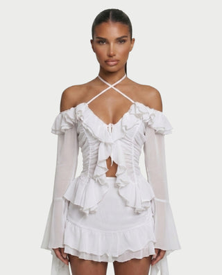 ZAFORA Ruched Chiffon Top & Ruffle Mini Skirt Set