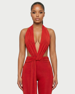 LINNA Plunging Halter Wrap Capri Romper