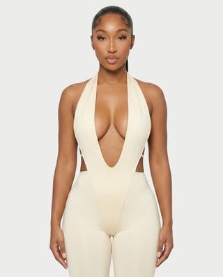 FERONA Deep V Halter Bodycon Capri Romper