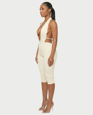 FERONA Deep V Halter Bodycon Capri Romper