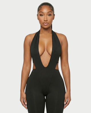 FERONA Deep V Halter Bodycon Capri Romper