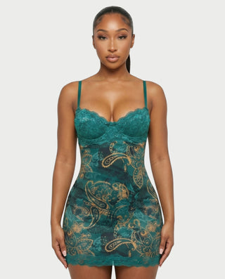 PAULINA Teal Paisley Lace Bust Bodycon Mini Dress