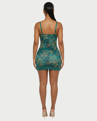 PAULINA Teal Paisley Lace Bust Bodycon Mini Dress