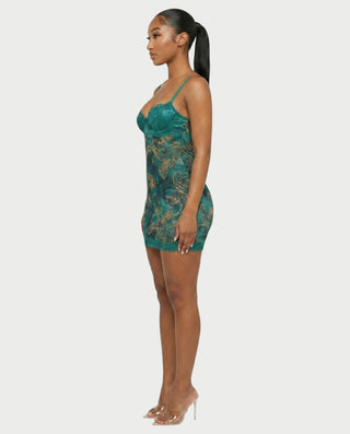 PAULINA Teal Paisley Lace Bust Bodycon Mini Dress