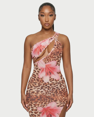 SELVINA Floral Leopard One-Shoulder Maxi Dress