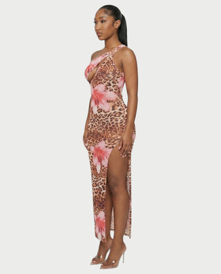 SELVINA Floral Leopard One-Shoulder Maxi Dress
