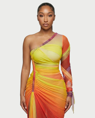 LUMEA One-Shoulder Mesh Drape Maxi Dress
