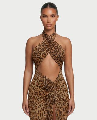 EMPRESS Leopard Print Halter Neck Slit Maxi Dress