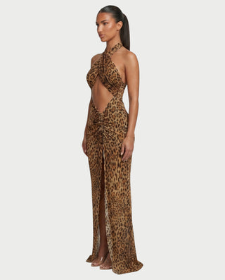EMPRESS Leopard Print Halter Neck Slit Maxi Dress