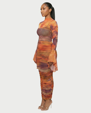 TAZARA Gradient Mesh Long Sleeves Maxi Dress