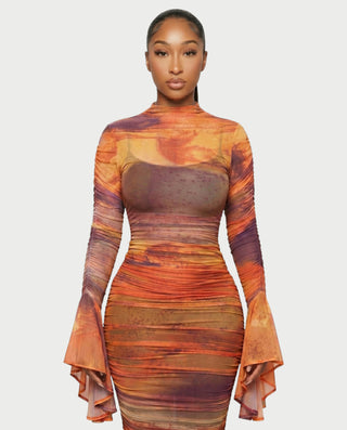 TAZARA Gradient Mesh Long Sleeves Maxi Dress