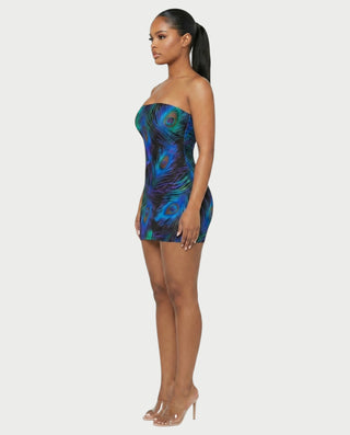 Vestido mini de tubo con estampado de plumas de pavo real de ALLISON