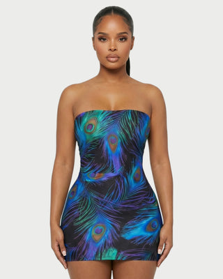 Vestido mini de tubo con estampado de plumas de pavo real de ALLISON
