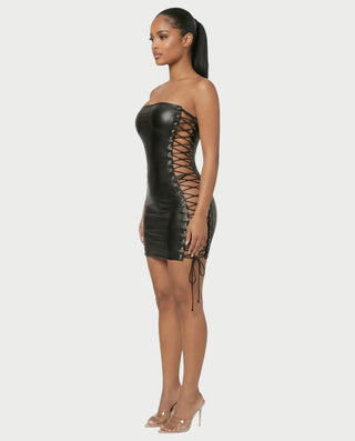 MARLINA Lace-Up Faux Leather Bodycon Mini Dress – Celestia