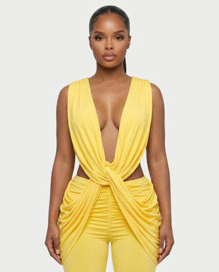 DERYN Plunge Twist Front Draped Flare Jumpsuit