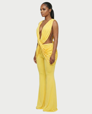 DERYN Plunge Twist Front Draped Flare Jumpsuit