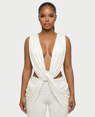 DERYN Plunge Twist Front Draped Flare Jumpsuit