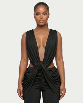 DERYN Plunge Twist Front Draped Flare Jumpsuit