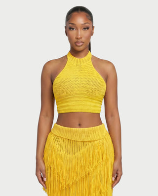EVANIA Crochet Fringe Halter Top & Maxi Skirt Set