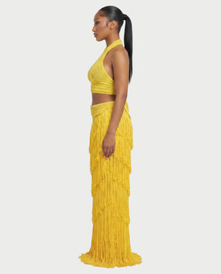 EVANIA Crochet Fringe Halter Top & Maxi Skirt Set