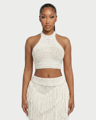 EVANIA Crochet Fringe Halter Top & Maxi Skirt Set