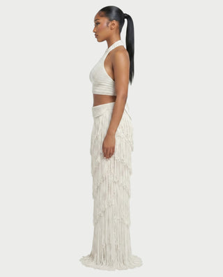 EVANIA Crochet Fringe Halter Top & Maxi Skirt Set