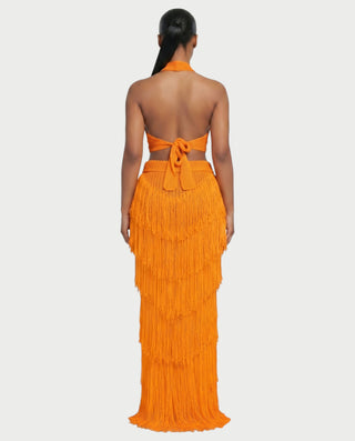 EVANIA Crochet Fringe Halter Top & Maxi Skirt Set