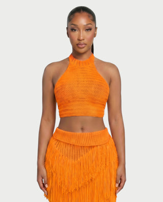 EVANIA Crochet Fringe Halter Top & Maxi Skirt Set