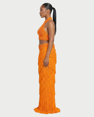 EVANIA Crochet Fringe Halter Top & Maxi Skirt Set