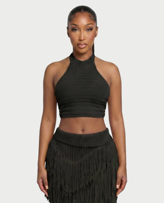 EVANIA Crochet Fringe Halter Top & Maxi Skirt Set