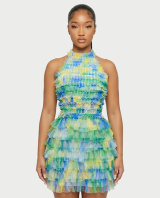 ESHNA Layered Frill High Neck Mini Dress