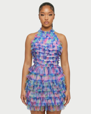 ESHNA Layered Frill High Neck Mini Dress
