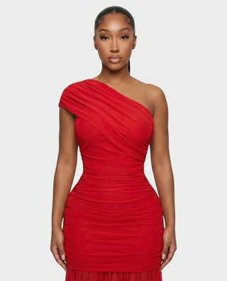 VAREN One-Shoulder Ruched Mesh Maxi Dress