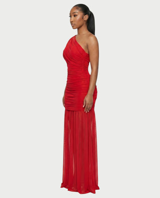 VAREN One-Shoulder Ruched Mesh Maxi Dress