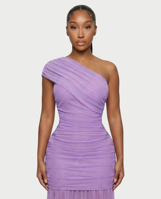 VAREN One-Shoulder Ruched Mesh Maxi Dress