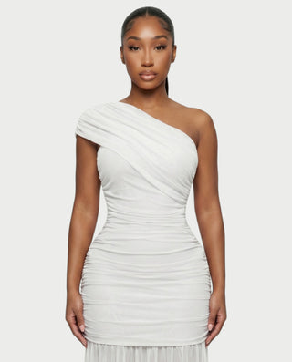 VAREN One-Shoulder Ruched Mesh Maxi Dress