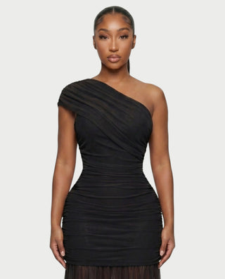 VAREN One-Shoulder Ruched Mesh Maxi Dress