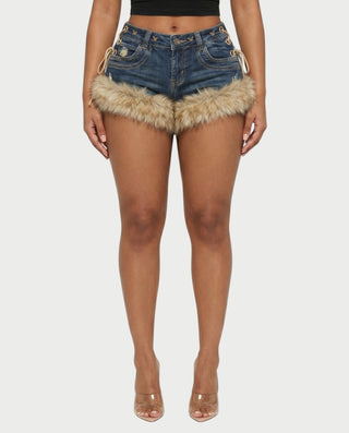 LINAYA Fluffy Trim Low-Rise Denim Shorts