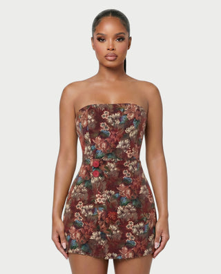 PRISCILLA Vestido mini sin tirantes con brocado floral