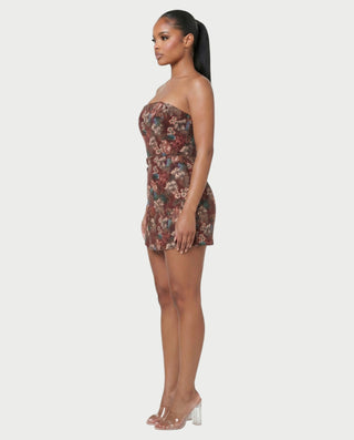 PRISCILLA Vestido mini sin tirantes con brocado floral