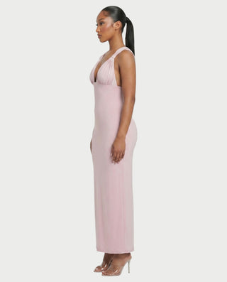 Vestido largo fruncido con escote halter y escote pronunciado SELYA