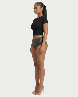 EVANYA Camo Grommet Low-Rise Micro Shorts
