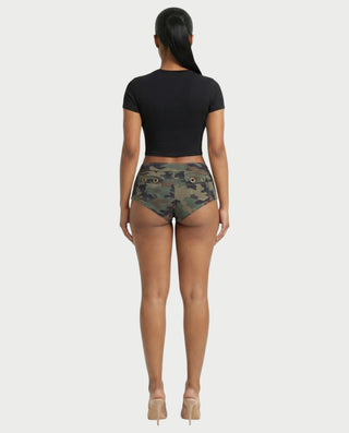 EVANYA Camo Grommet Low-Rise Micro Shorts