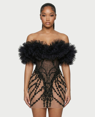 BRIGIDA Off-Shoulder Ruffle Tulle Beaded Mini Dress – Celestia