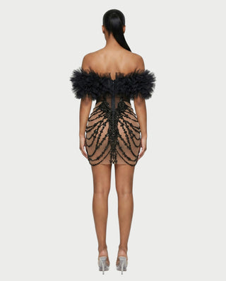 BRIGIDA Off-Shoulder Ruffle Tulle Beaded Mini Dress