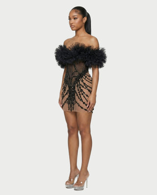 BRIGIDA Off-Shoulder Ruffle Tulle Beaded Mini Dress