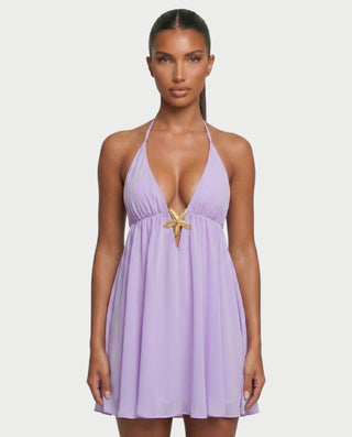 KINNA Backless Halter Flowy Mini Dress